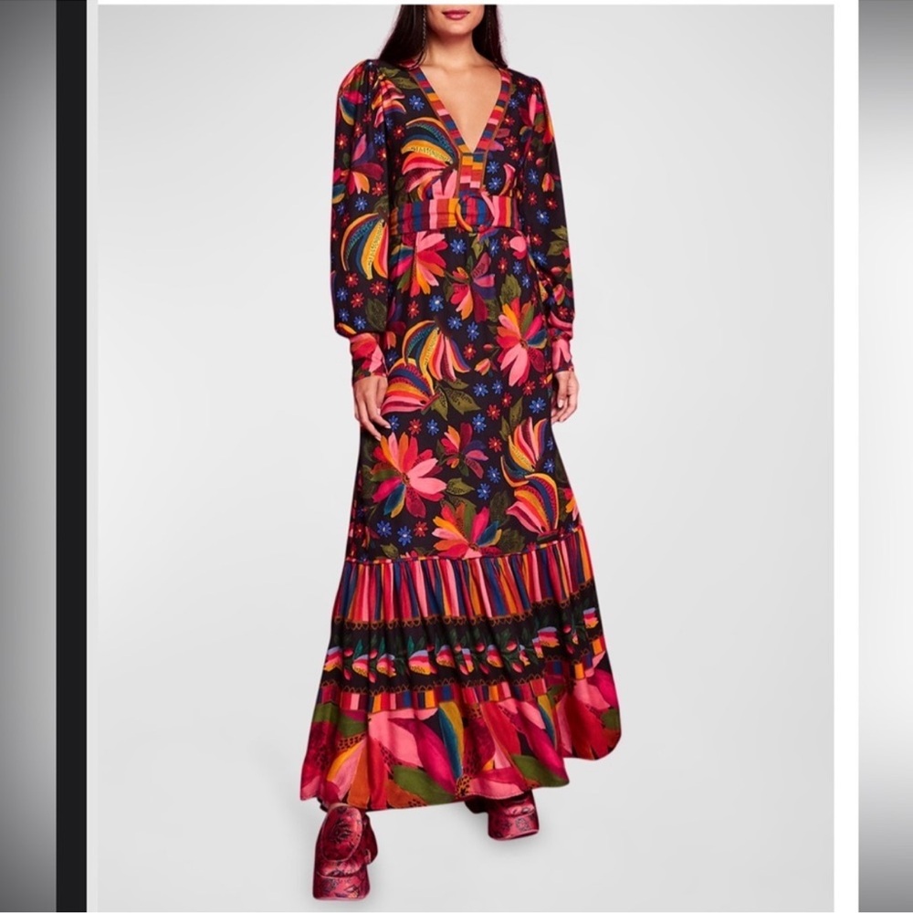 Farm Rio Size XS Black Banana Sky Printed V-neck Maxi Dress Vibrant Colors boho